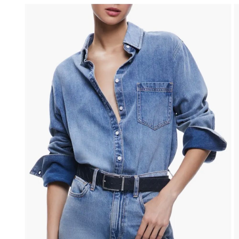 NEW Alice & Olivia Oversize Cotton Blend Denim Button-Up Shirt XL $ 330.00 - Picture 3 of 10